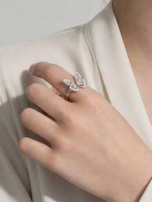 Cute 925 Sterling Silver Hollow Butterfly Women's Ring, Open Adjustable - Butterfly Pattern - View 6