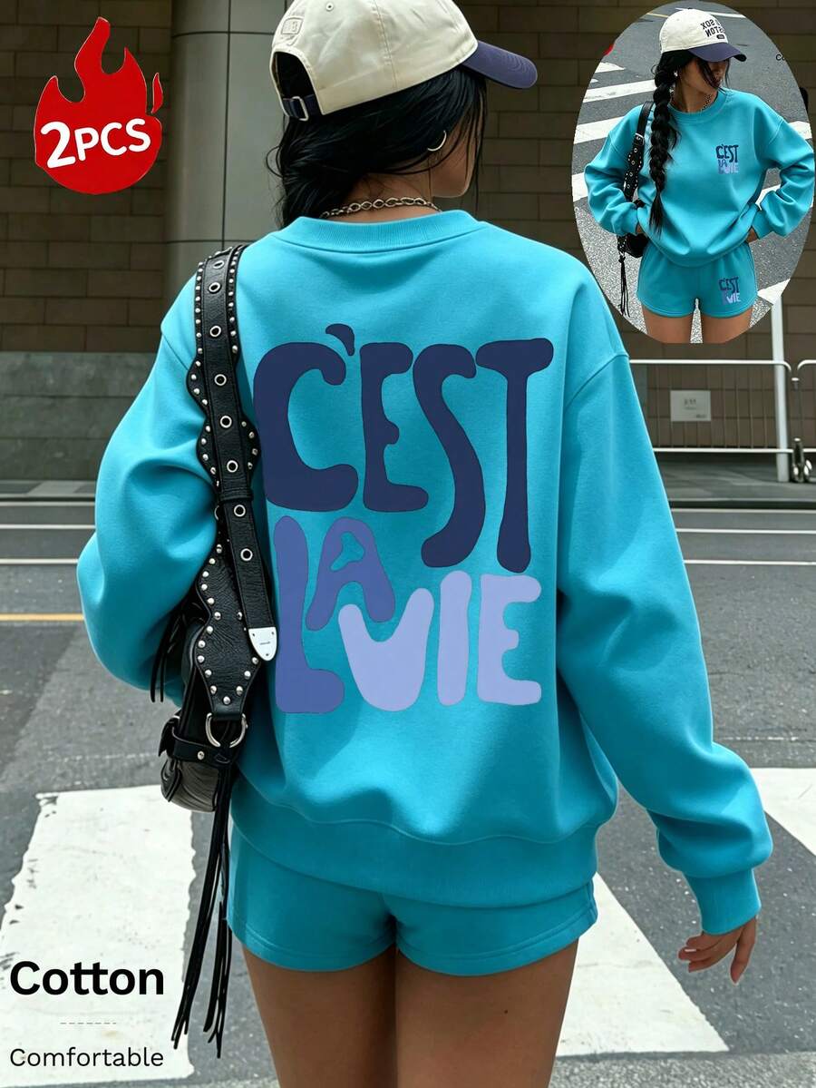 2026 女士春夏圓領衛衣,純棉寬鬆套頭衫,飾有醒目的標語印花,休閒日常女裝 - 湖綠 - 查看 1
