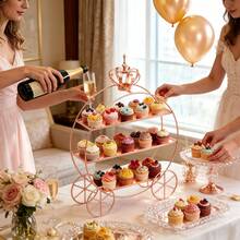 3-Tier Crown Cake Stand With Wheels – Rose Gold Carriage Cupcake Display Rack For Wedding, Afternoon Tea & Birthday. Non-Food Contact Metal Dessert Tower, Sturdy Pastry Holder & Elegant Tabletop Decor - 玫瑰金 - 查看 3