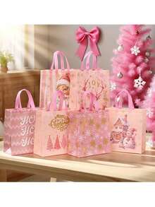 2Pcs-Pink Christmas Non-Woven Gift Bags-Christmas Party Gift Bags With Handles, Featuring Designs Of Santa Claus, Snowmen, Reindeer, And Gingerbread Houses, With A "Ho Ho Ho" Tag; Perfect For Birthdays, Holiday Decorations, And Candy Bags - Multiple Styles - View 3