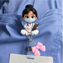 2pcs/Set, 2D Flat Nurse Girl With Pink Bow Pendant ID Badge Holder - Retractable Badge Clip Suitable For Medical Students And Nurse Practitioners - PMMA Material Workplace Identification Badge Clip | Fun Design | Acrylic Nurse Accessories Back To School Team Gift - B - View 2