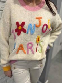 Sweater Rajut Wanita Motif Huruf dan Bunga Warna-warni dari Felt untuk Musim Gugur dan Musim Dingin, Pullover Oversized dengan Trim Kontras untuk Pakaian Kasual Sehari-hari di Kafe - MultiWarna - View 8