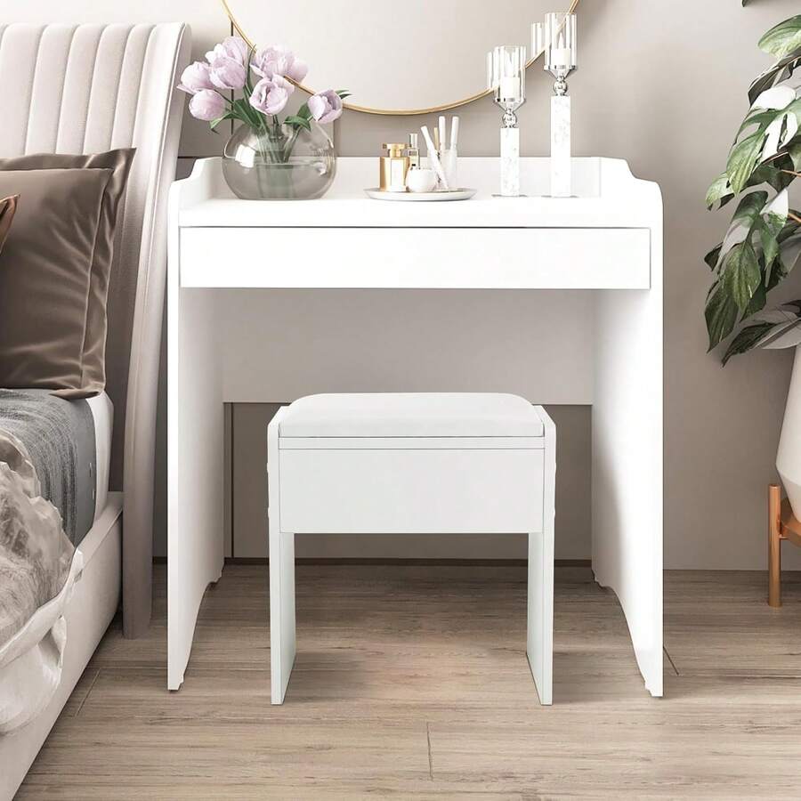 Vanity Stool With Padded PU Seat – Comfortable Dressing Table Chair, Soft & Stable Frame, Elegant Design For Bedroom, Makeup Room, Piano Studio & Home - White - View 1