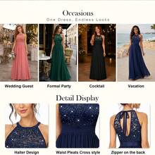 MIUSOL Elegant Women's Sequin Floral Lace Halter Neck Sleeveless Ruched Chiffon Maxi Dress, Perfect For Wedding Guest, Graduation, Bridesmaid, Prom, Evening - 藏蓝色 - 查看 8