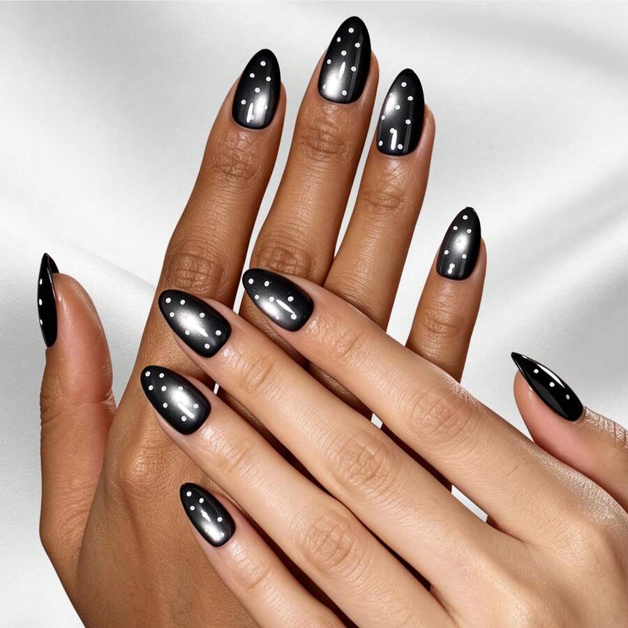 Beetles Black Cat Eye Press-On Nails, Short Almond Fake Nails With White Polka Dots, Nail Glue & Adhesive Tabs, 10-Minute DIY Manicure Kit - Short Almond Black Cat Eye - 查看 1