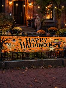 1pc Halloween Banner, Vintage Orange Happy Halloween Letters With Pumpkin, Ghost, Black Cat, Skeleton Monster Print, Suitable For Porch, Yard, Wall And Holiday Party Decoration - Vintage Cartoon - View 8