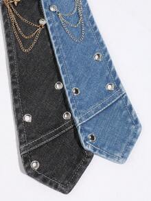 1PC Unisex Fashion Halloween Faux Rhinestone Cross Skull Chain Decor Perforated No-Hand-Punch Denim Tie, Comfortable Versatile For Halloween, Daily, Shopping, Party, Date - Multicolor - View 4