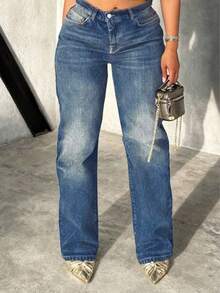 Celana Jeans Boyfriend Wanita Model Lurus Longgar Gaya Vintage dengan Efek Lusuh - Dark Wash - View 3