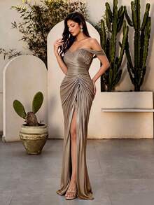 Elegant Cold Shoulder Heart-Neckline Ruched Waist Shiny Satin High-Slit Fitted Mermaid Floor-Length Evening Gown, Suitable For Parties, Wedding Guests, Proms - Brown - View 6