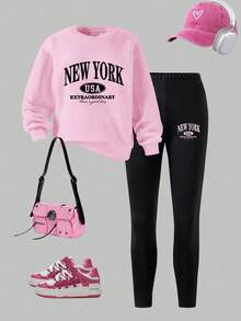 Young Girl Letter Print Crew Neck Long Sleeve Top And Leggings - Pink - View 3