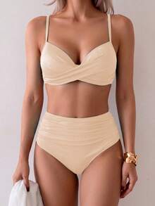 Summer New Women's Solid Color Elegant Bohemian Double Shoulder Strap Two Pieces Bikini Swimwear Beach Vacation Set - Champagne - View 4