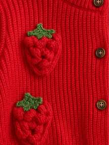 Korean Style Baby Girl Red Strawberry Knit Set, Textured Vertical Stripe Handmade Strawberry Cardigan, Solid Color Casual Pants, Gentle & Cute Infant Daily Outfit 2-Piece Set - Red - View 5