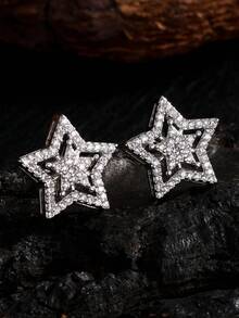 rakol 1pair Glamorous Copper Cubic Zirconia Star Decor Stud Earrings For Women For Daily Decoration - Silver - View 10