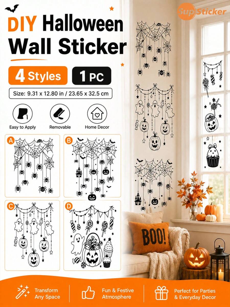 SUPSTICKER Black Halloween Spider Web Ghost Pumpkin Line Wall Window Sticker, PVC Self Adhesive Removable DIY Decor For Front Door, Window, Fireplace, Cabinet - 1PC - View 1