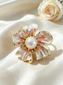 1Pc Sparkly Rhinestone Petal Flower Shape Pearl Inlaid Lapel Pin, Retro Chic Versatile Brooch, Jewelry For Ladies Daily & Gathering Wear - Floral Style B Pink - View 9