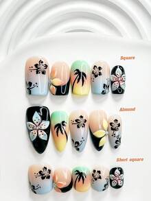 10片島嶼日落風手工穿戴甲，Polygel美甲套組，花卉、黑綠色指甲油，復古風，附美甲工具，3種尺寸可選：方形、短方形、杏仁形，適合派對、舞蹈、日常穿戴，椰子樹隨機排列 - 彩色 - 查看 1