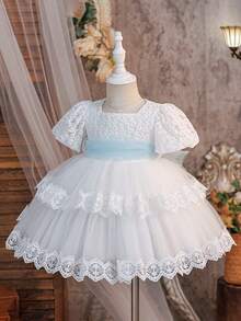 Baby Girls Square Neck Lace Embroidered Tulle Cute 1st Birthday Dress Suitable For Wedding Party, Fabric Pattern Randomly Cut, Headband Not Included - White - View 3
