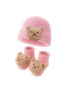 2pcs Cute Bear Plush Hat & Socks Set, Suitable For Autumn/Winter - Thick Knit 2pcs - View 6