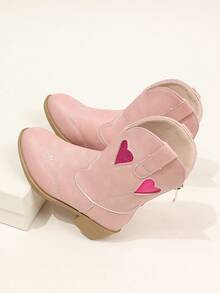 Children Heart Hollow Western Ankle Boots Back Zipper Chunky Heel Sweet Girl Fashion Boots - Pink - View 1