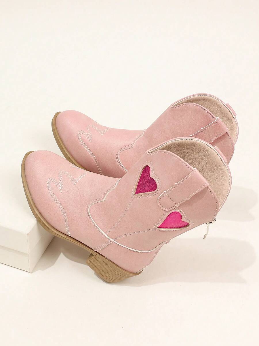Children Heart Hollow Western Ankle Boots Back Zipper Chunky Heel Sweet Girl Fashion Boots - Pink - View 1