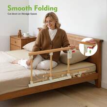 3-Speed Elderly Bed Railing, Foldable Bedside Safety Fence, Used For Getting In And Out Of Bed And Rehabilitation Training, 26.77 * 17.32 Inches - White+Wood Color - View 2