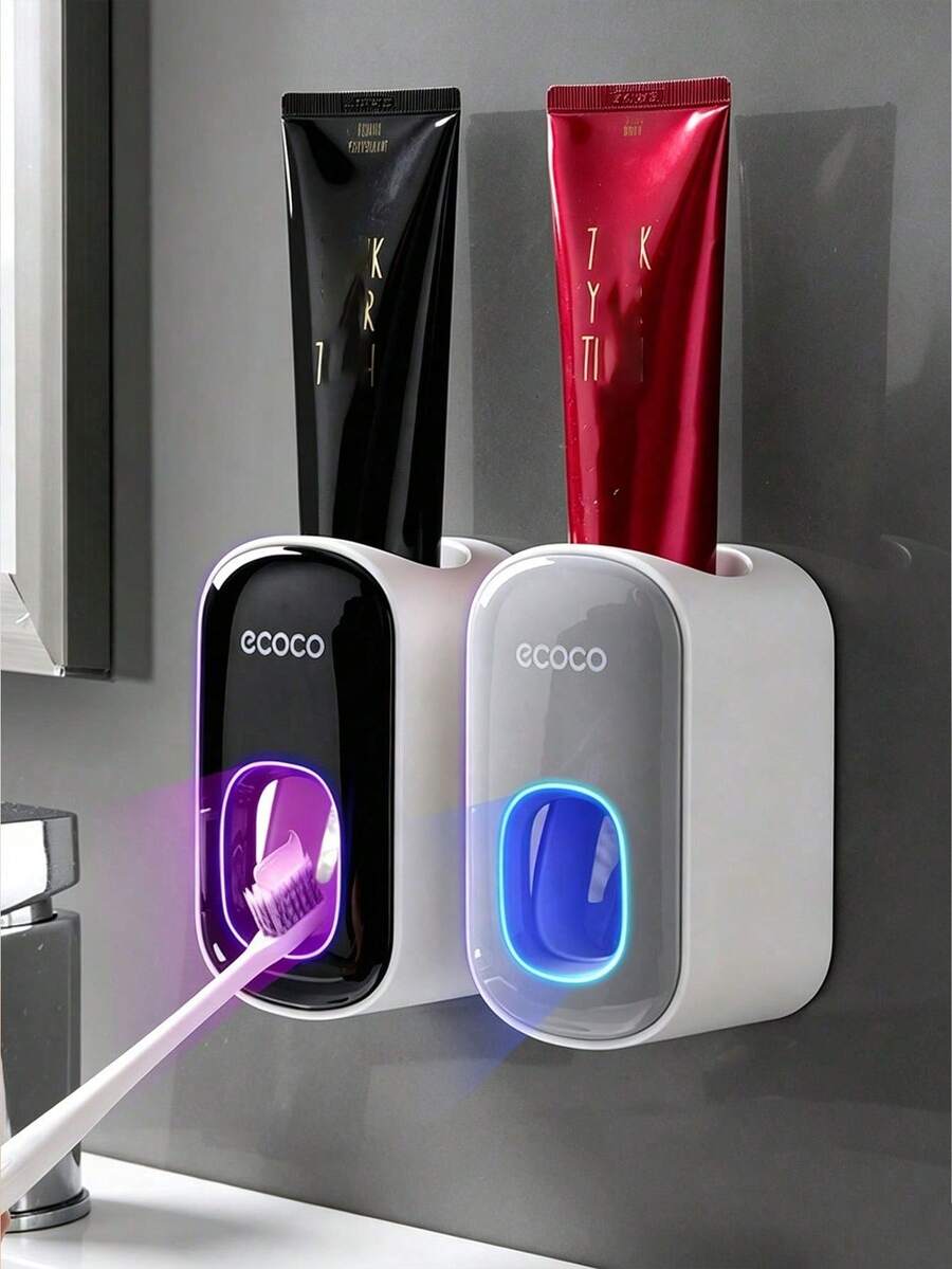 Automatic Toothpaste Dispenser - Wall-Mounted With Toothbrush Holder, Squeeze-Out Design, Contactless Operation, Modern Home Bathroom Essential, Bathroom Toothbrush Storage Rack, Minimalist Design, Plastic Material - Multicolor - View 1