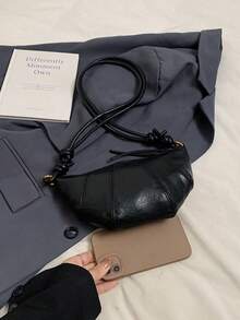 1pc Pleated Soft Leather Fan-Shaped Underarm Bag, Multi-Panel Patchwork Stitching, Dual-Side Rope Knot Adjustable Spaghetti Strap, Zipper Closure, Minimalist Crossbody Small Bag - Black - View 5