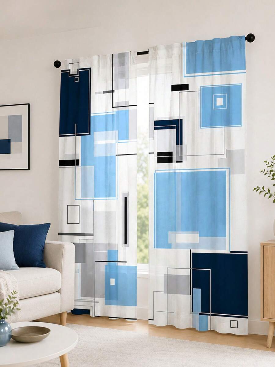 2pcs Creative Geometric Cube Digital Print, Multi-Color Palette, Minimalist Modern Style, Suitable For Bedroom, Living Room, Rental Home Decor, Semi-Sheer, Rod Pocket Installation - Multi-color D - View 1