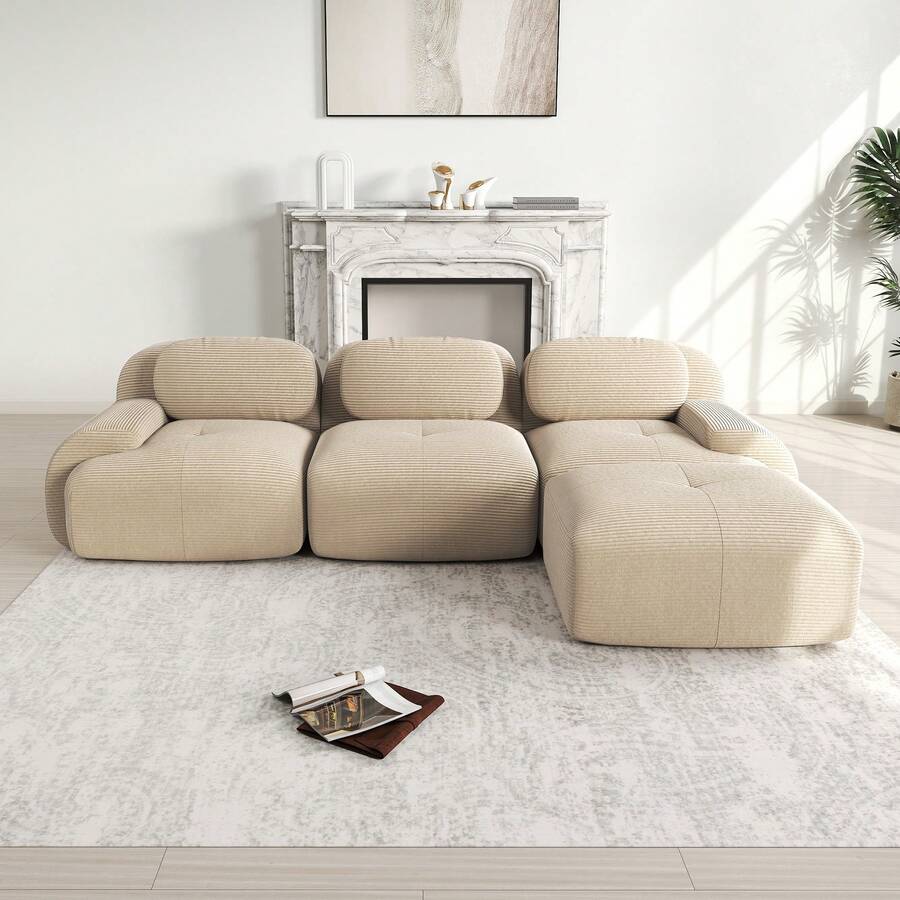 Modular Corner Sofa Without Assembly, Frameless Sofa, Ergonomic And Pet-Friendly, Made Of Corduroy Fabric With Extra-Wide Armrests, 32D Highly Elastic Padding For Living Room And Bedroom, Beige, 298 X 178 X 75 Cm - Beige - View 1