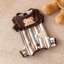 1pc Cute Bear Embroidery Pet , Ruffled Collar, Striped Pattern, Four-Legged Dog/Cat Outfit, Soft And Warm Pet Pajama Set, Suitable For Small And Medium Dogs And Cats, Now Available In Two Color Options - Brown - View 11