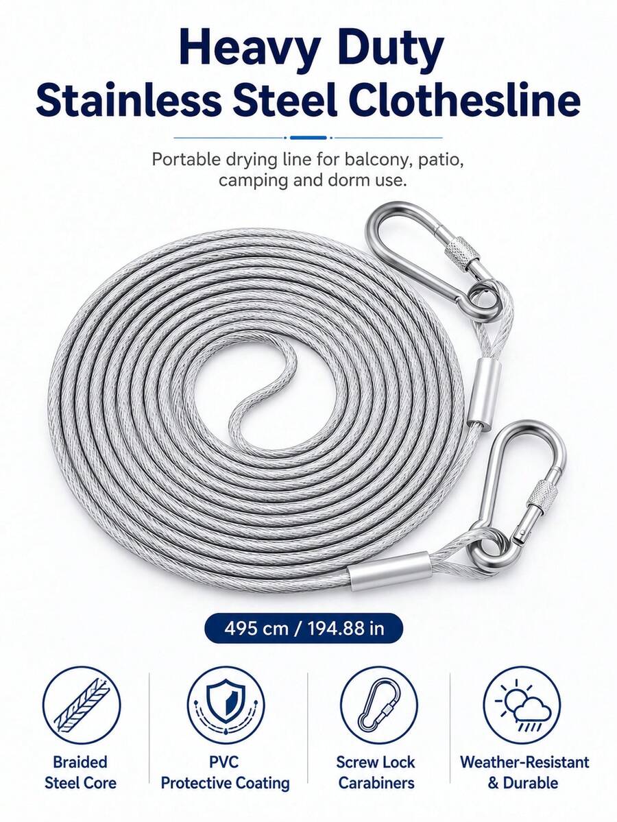 Stainless Steel Clothesline, Including Stainless Steel Lock Buckle, Anti Drop Steel Wire Rope With Coated Safety Cable And Hook, Multifunctional Heavy-Duty Steel Wire Rope, Available In 3 Sizes: 78.74 Inch, 196.85 Inch/393.7 Inch,Pull Wire Rope