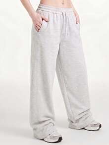 KyrLssu Women's Colorblock Drawstring Wide Leg Sweatpants, Black Loose Fit Long Pants, Suitable For Daily Wear - Grey - View 4