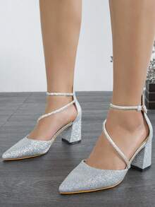 Pointed Toe Chunky High Heel, Rhinestone Decor Elegant Noble Suitable For Banquet Party Wear, Fashionable Versatile Hollow Women's Shoes. Black High Heels Red High Heels. - Silver - View 4