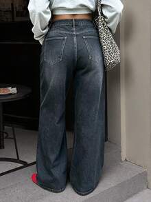 Women's Casual Elegant Washed Denim Wide Leg Pants, Decorated With Cat Whisker Pattern, Medium Stretch, Perfect Choice For Autumn - Blue-gray - View 5