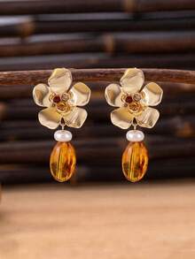 1 Pair Vintage Gold 3D Flower With Oval Resin Pendant Earrings, Charming Women's Fashion Daily Wear, Outing, Date, Party, Music Festival, High-End Versatile Earrings - Multicolor - View 3