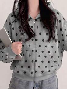 Women's Zipper Front Pocket Polka Dot Hooded Sweatshirt - Multicolor - View 4