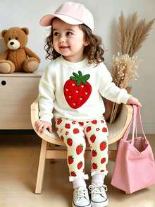 Baby Girl Strawberry Print Round Neck Long Sleeve Top And Leggings - White - View 1