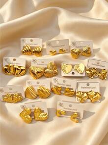 2/6/10/14/18pcs Retro Gold Heart Stainless Steel Earrings - Multicolor - View 1