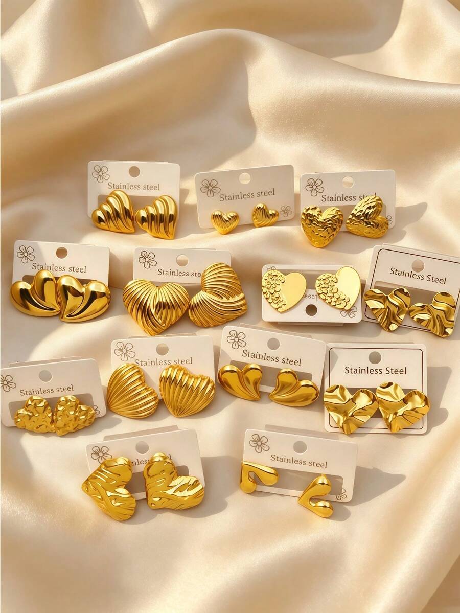 2/6/10/14/18pcs Retro Gold Heart Stainless Steel Earrings - Multicolor - View 1
