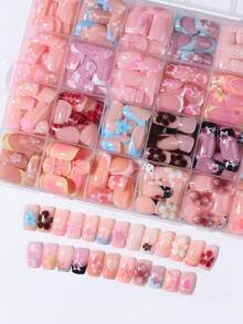 192pcs (2 Styles) Short Square 3D Gel Nail Stickers, Polka Dot, Beetle, Ocean, Star, Leopard Print Designs, Short French Press-On Nails - Multicolor - View 5