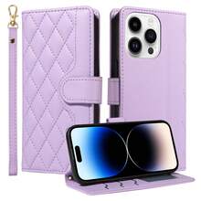 紫色小號 3 卡槽絎縫高品質極簡創意雙折錢包卡夾皮革保護殼支架錢包，附卡槽與腕帶，高質感便利設計手機保護殼 - 紫色 - 查看 29