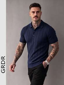 GRDR Men's Casual Fashion Knit Polo Shirt - Minimalist Versatile Collared Short Sleeve - Navy Blue - View 2