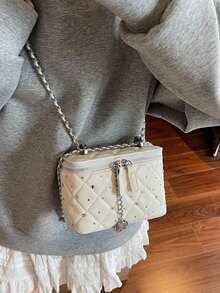 Quilted Diamond Pattern Small Square Crossbody Bag, Embellished With Tiny Sparkling Rhinestones, Zipper Closure Design, Leather Strap With Metal Chain And Rose Pendant, Elegant Luxury Style, Mini Lipstick Storage Bag For Evening Parties And Dates - White - View 4