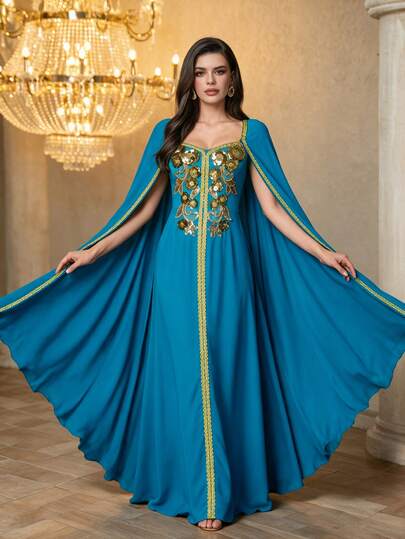 UNITHORSE Women's Elegant Sweetheart Neckline Extra Long Sleeve Sequin Applique Satin Maxi Evening Gown