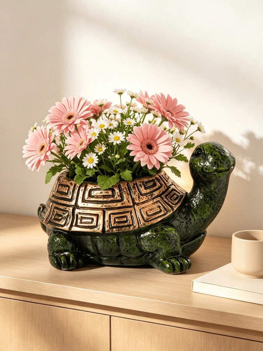 1pc Creative Turtle Shaped Flower Pot, Cute Animal Planter, Suitable For Indoor/Outdoor Garden Home Decor, Vintage Succulent Plant Container, Suitable For Patio Balcony Living Room, Unique Housewarming Gift - A - View 1