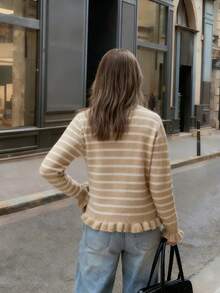Joy Knit 女款秋冬針織開襟衫 時尚新款 基礎上衣 優雅條紋休閒簡約風 多鈕扣袖口 荷葉邊下擺 圓領 適合辦公穿搭 外出上衣 派對 新年 生日 海灘 節慶 - 卡其色 - 查看 4