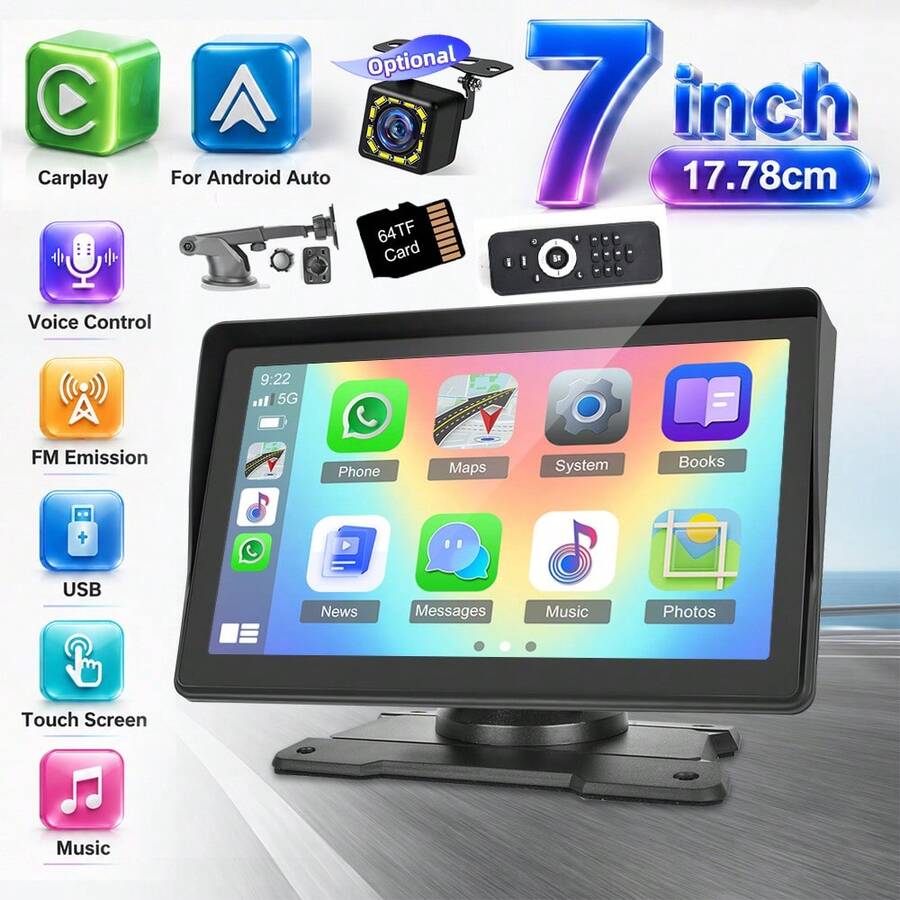 7 Inch HD Touchscreen Car Play Display Portable Car Radio Wireless CarPlay Android Auto Bluetooth GPS Navigation Mirror Link Rear View Camera, FM AUX/USB+ 64G TF Card Remote Control No Battery - D - View 1