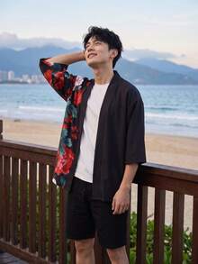 Vintage Peony Print Kimono Cardigan Men's Summer Lightweight Loose Casual Jacket - Black - View 5