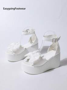 Women's Bow Open Toe Wedge Platform Sandals, Peep Toe Back Strap Ankle Buckle, Suitable For Outdoor, Party, Gathering - White - View 10