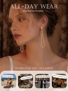 FAAABULS 1pc Rhombus Rhinestone Long Chain Tassel Drop Earrings, Hollow Rhombus Frame Pendant Earrings, Women's Daily Commute Party Evening Jewelry - Rhinestones - View 5
